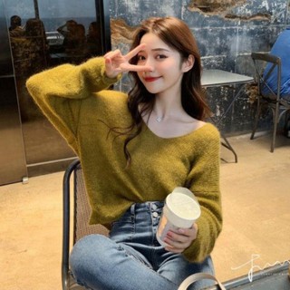 Women Autumn Pullover Solid Color V Collar Sweet Loose Long-