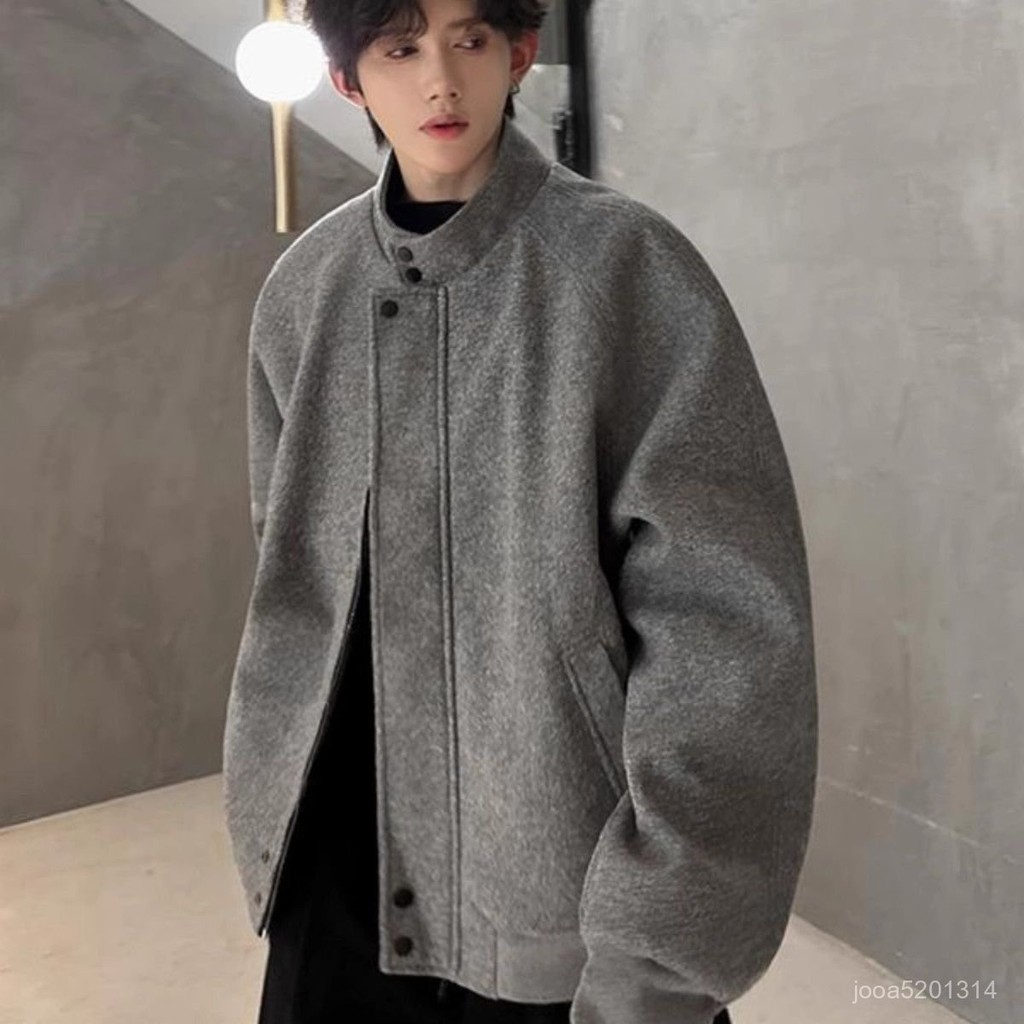 【MR.男先生】臺灣出貨 免運 男毛呢大衣 美式灰色立領毛呢外套男款秋冬痞帥呢子大衣短款韓係廓形西裝夾克 VSQR