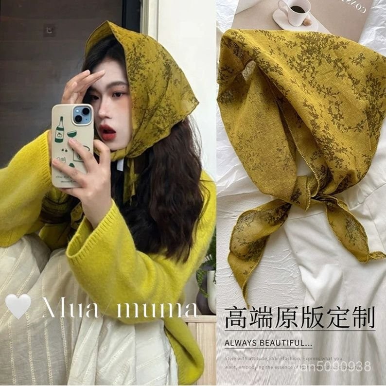 【嘟嘟厚】超特別!芥末黃小碎花木耳邊方形絲巾頭巾2025新款森林係穿搭配飾