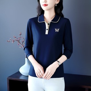 翻領polo衫 上衣 polo衫 長袖春秋長袖女裝上衣女洋氣媽媽大碼繡花POLO衫中年人 胖胖女裝 平價女裝 韓國女裝