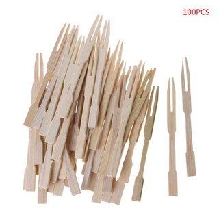 100Pcs Bamboo Disposable Wooden Fruit Fork Pick Dessert Fork