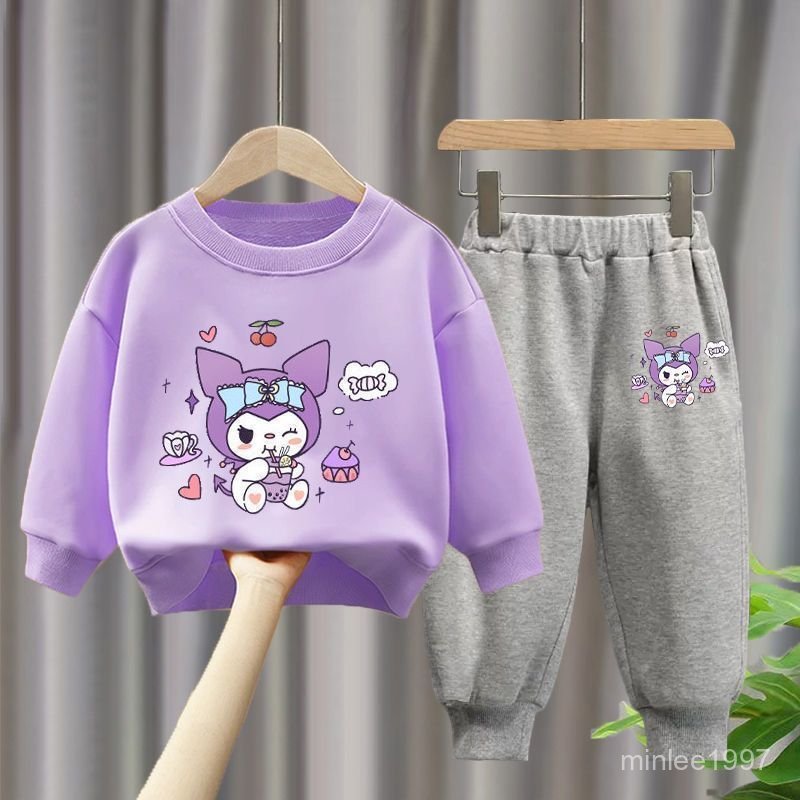 【臺灣出貨】庫洛米套裝 庫洛米衛衣 庫洛米長褲 三麗鷗套裝 新款女童秋裝洋氣兒童裝網紅時髦卡通庫洛米紫色休閒兩件套裝 M