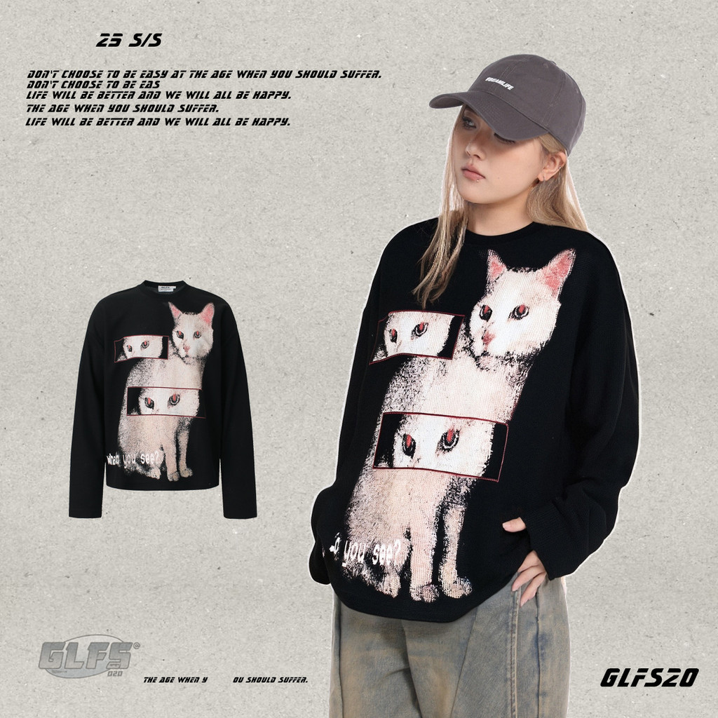 ⚡台灣出貨⚡ 韓係慵懶風女團長袖衛衣 貓咪跳舞寬鬆上衣女 秋冬新品設計感寬鬆情侶長袖 美式復古塗鴉貓咪黑色圓領衛衣女