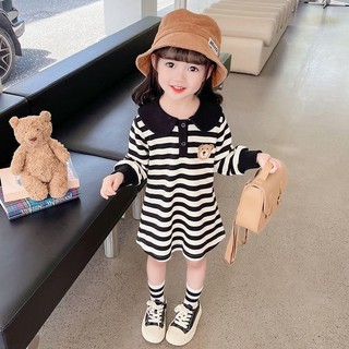 女童春秋新款長袖連衣裙韓系條紋洋氣POLO裙甜美可愛兒童公主裙子 兒童洋裝 兒童長袖連身裙 女童韓版公主裙