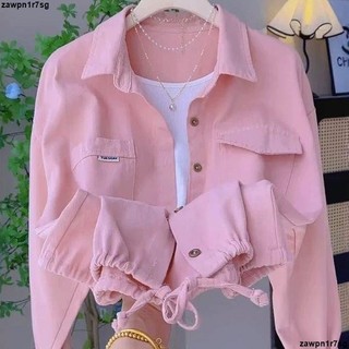 超低價八 長袖襯衫 長袖上衣 粉色Polo領牛仔襯衫外套女春秋季外搭開衫下擺抽繩寬松百搭襯衣