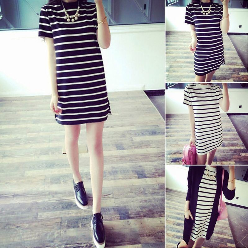 Summer Women Top Tee Shirt Dress Fashion Stripe Dress