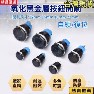 台灣出貨/免運🚚黑色金屬 按鈕開關 3V-110V 防水 12/16/19/22mm 帶線 LED燈 自復無段 自鎖有