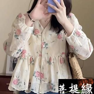 韓版歐貨站氣質小碎花V領娃娃襯衫女 春季洋氣百搭寬鬆長袖insi 風上衣潮