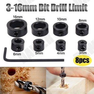 8Pcs 3-16mm Drill Bit Depth Stop Collars Ring Woodworking Bi