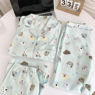 【與inside裡】日系可愛小狗紗布睡衣 女夏季ins風卡通印花純棉短袖三件套家居服 短袖 短褲 長褲 可愛睡衣 休閒