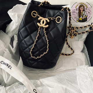 CHANEL 黑色 小羊皮 核桃 編織 金球 迷你 兩用 束口 水桶包 AS1894