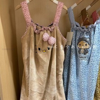 【高級感豹紋Kitty】吊帶浴裙 可穿可裹 洗澡浴巾 珊瑚絨加厚 抹胸浴袍 吊帶浴巾 浴裙女 浴袍女 加厚浴巾
