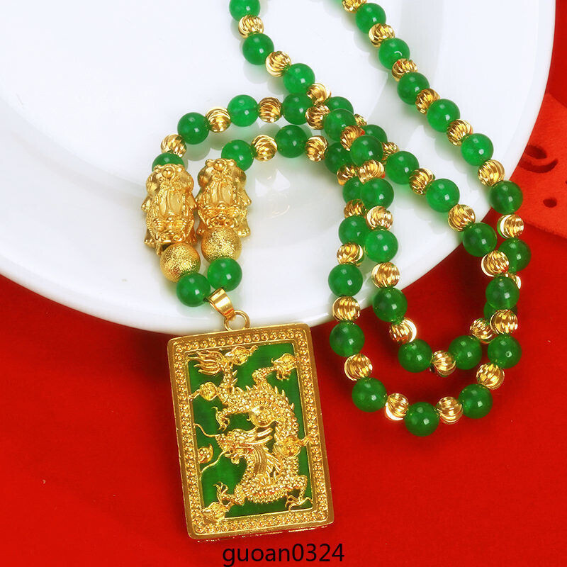 久不褪色越南沙jin男女士Yu髓黑曜石毛衣鏈關公吊墜鍍真jin項鍊吊墜