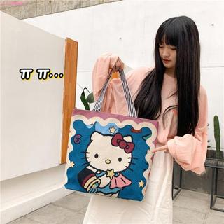 新款 hello kitty 帆布包 大容量 託特包 可愛 凱蒂貓 卡通包 學生 單肩包 刺繡 購物袋