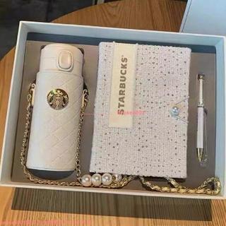 優選 星巴克杯子 2022新款星巴克355ml純白款保溫杯 筆記本套裝 珍珠鏈條 小香風杯套 杯子禮盒 交換禮物