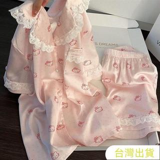 ins可愛甜美elloKitty睡衣女夏季花邊短袖短褲美少女居家服套裝短袖短褲薄款ins風家居外穿