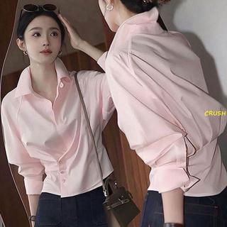【Crush Style】 韓系甜美粉色翻領短款襯衫女2025秋季新款洋氣減齡掐腰顯瘦上衣服 CR
