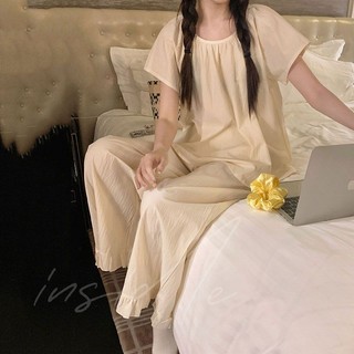 【與inside裡】韓國ins風簡約素色睡衣 娃娃衫女睡衣 夏季薄款短袖長褲居家服 寬鬆家居服套裝 兩件套睡衣 夏天睡