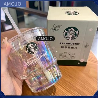 ✨限時特賣✨星巴克杯子炫彩吸管杯簡約高顏值375ml波光粼粼桌面玻璃杯 玻璃冷飲杯 玻璃吸管杯 馬克杯夏季水杯