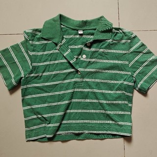 Uniqlo復古綠白直條紋POLO衫 / 美式休閒短袖翻領上衣 / 顯瘦短版Polo衫 S