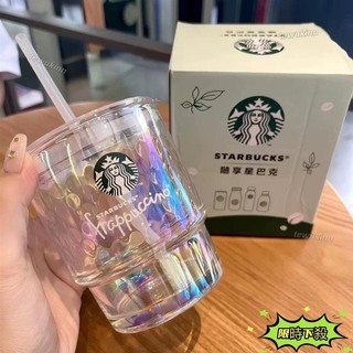 🔥24H在臺✈星巴克杯子炫彩吸管杯簡約高顏值375波光粼粼桌面玻璃杯 玻璃冷飲杯 玻璃吸管杯 馬克杯夏季水杯8