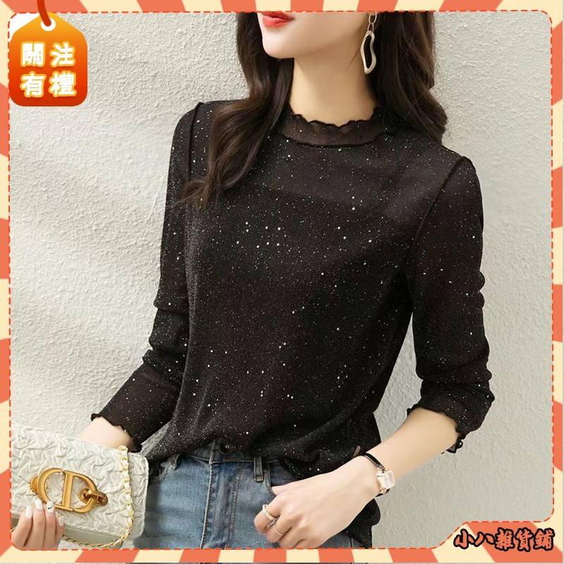 小八📖新款常規簡約緊身氣質顯瘦亮片彈性花邊打底衫女潮日系女裝小眾女裝設計感女裝女裝韓風女裝夏季女裝女裝 韓系