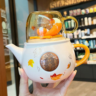 【品質 +星巴克杯子】星巴克杯子中秋楓葉狐狸馬克杯可愛松鼠陶瓷茶壺泡茶帶蓋禮盒套裝