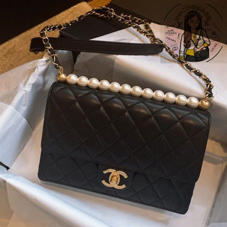 Chanel 香奈兒 黑色 霧金鏈 珍珠包 珍珠鏈帶包 珍珠口蓋包 AS0585