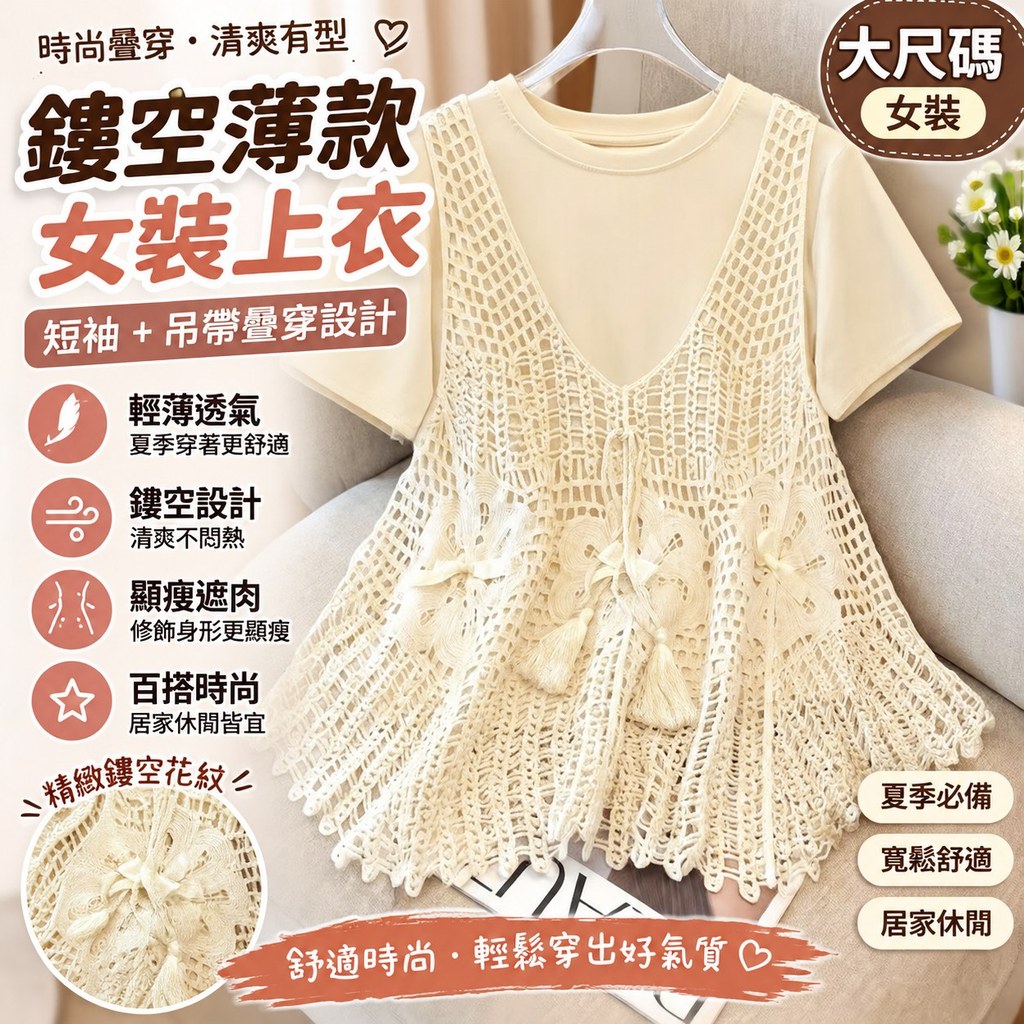 女裝 大尺碼女裝 夏季短袖女裝 吊帶疊穿女裝 寬鬆短袖女裝 鏤空薄款女裝 顯瘦遮肉女裝 春秋薄款女裝 居家休閒女裝