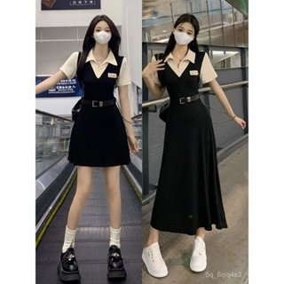 正妹必收🔥 學院風POLO領假兩件短袖連衣裙女夏收腰顯瘦校園辣妹中長裙a字裙 USZX