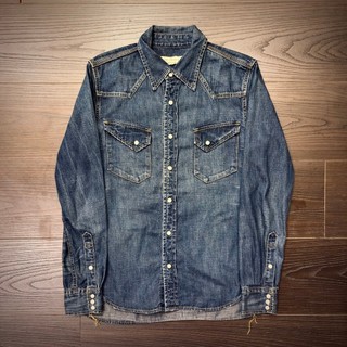 《595_Vintage》REMI RELIEF｜日本製純棉特殊加工丹寧西部襯衫｜二手｜S