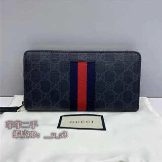 GUCCI 古馳 GG Supreme 系列 GG 印花 藍紅藍織帶 拉鍊長夾 408831錢包 實拍