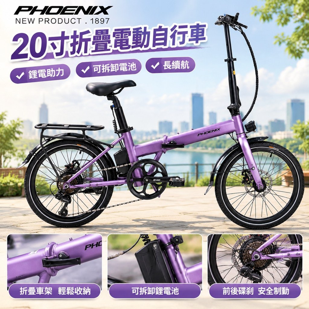 【可拆卸鋰電】鳳凰20寸折疊電動自行車 電動輔助自行車 小型長續航 電動折疊車 20吋電動腳踏車 代駕