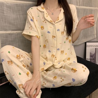 【與inside裡】嬰兒棉感短袖長褲睡衣 夏天薄款韓版睡衣 甜美開衫寬鬆居家服套裝 女生睡衣套裝 兩件套睡衣