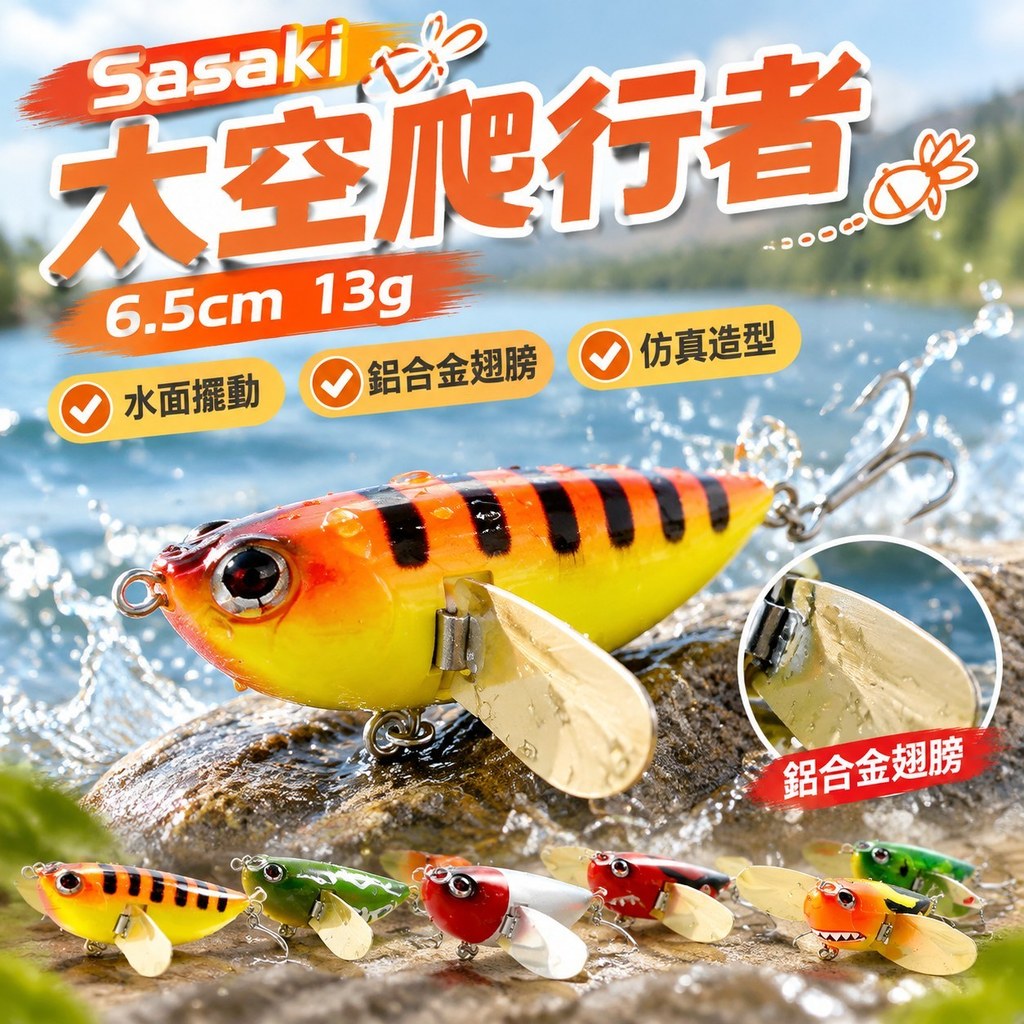 【仿真波爬】Sasaki 6.5cm 13g 太空爬行者 水面蟬 水表餌 鋁合金翅膀 爬行餌 路亞蟬 水花激盪 仿真 路