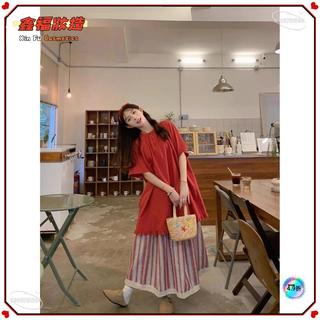 🌿慵懶日系🌿疊穿 女裝 森林系 穿搭 時尚套裝簡約中長款襯衫上衣 蕾絲花邊拼接條紋半身裙 兩件套 IE2J🌿