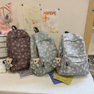 日系清新 星星帆布 雙肩背包 小熊掛件 學生書包 休閒後背包 輕便外出包