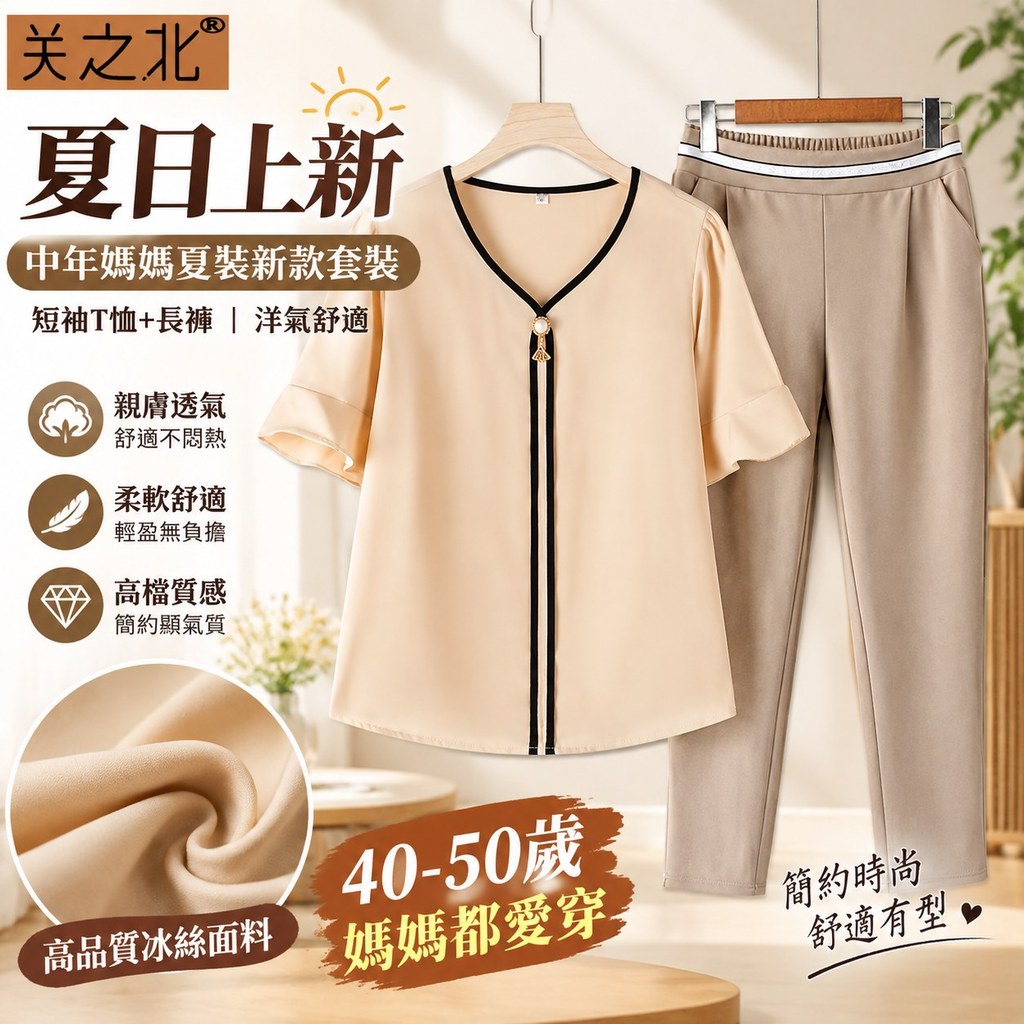女裝 中年女裝套裝 柔軟面料女裝 夏季短袖女裝 休閒穿搭女裝 旅行聚會女裝 40到50歲女裝 學生推薦女裝 小資女裝套裝