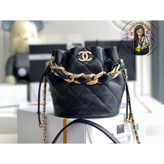 CHANEL 黑色菱格 金鏈 小型 束口水桶包 AS2390
