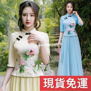 免運🚚 現H🔥春夏季中式改良女裝旗袍唐裝五分袖上衣女套裝緊身民國風漢服二件套
