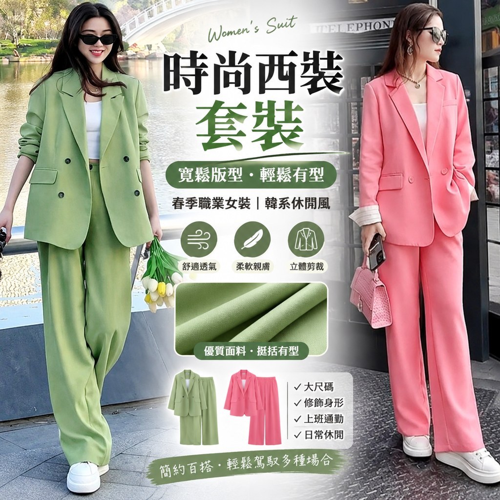 女裝 西裝套裝寬鬆女裝 春季職業女裝 韓系休閒女裝 大尺碼女裝 西服寬褲套裝 舒適西服套裝 上班族女裝 韓版職場女裝