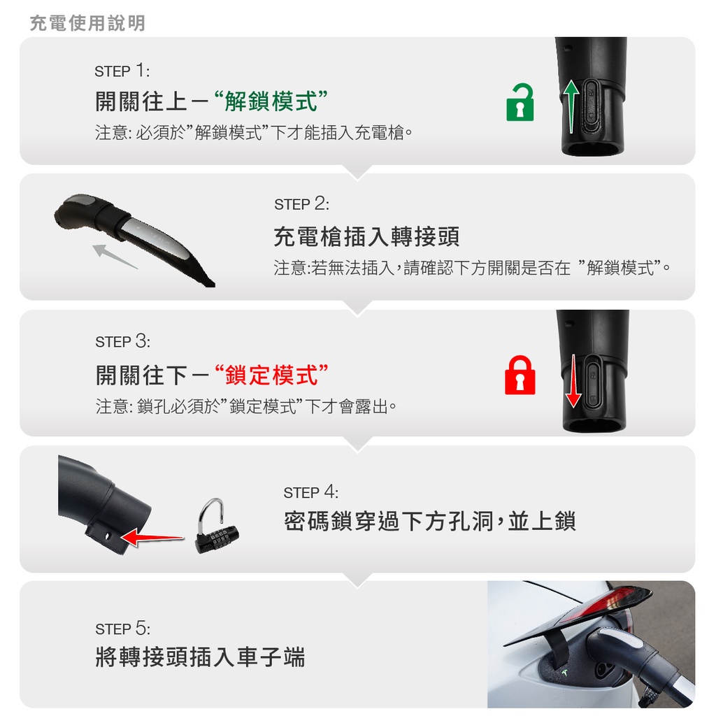 充電使用說明STEP 1:開關往上解鎖模式”注意:必須於解鎖模式”下才能插入充電槍。STEP 2:充電槍插入轉接頭注意:若無法插入,請確認下方開關是否在解鎖模式”。STEP 3:開關往下一“鎖定模式”注意:鎖孔必須於”鎖定模式”下才會露出。STEP 4:密碼鎖穿過下方孔洞,並上鎖STEP 5:將轉接頭插入車子端