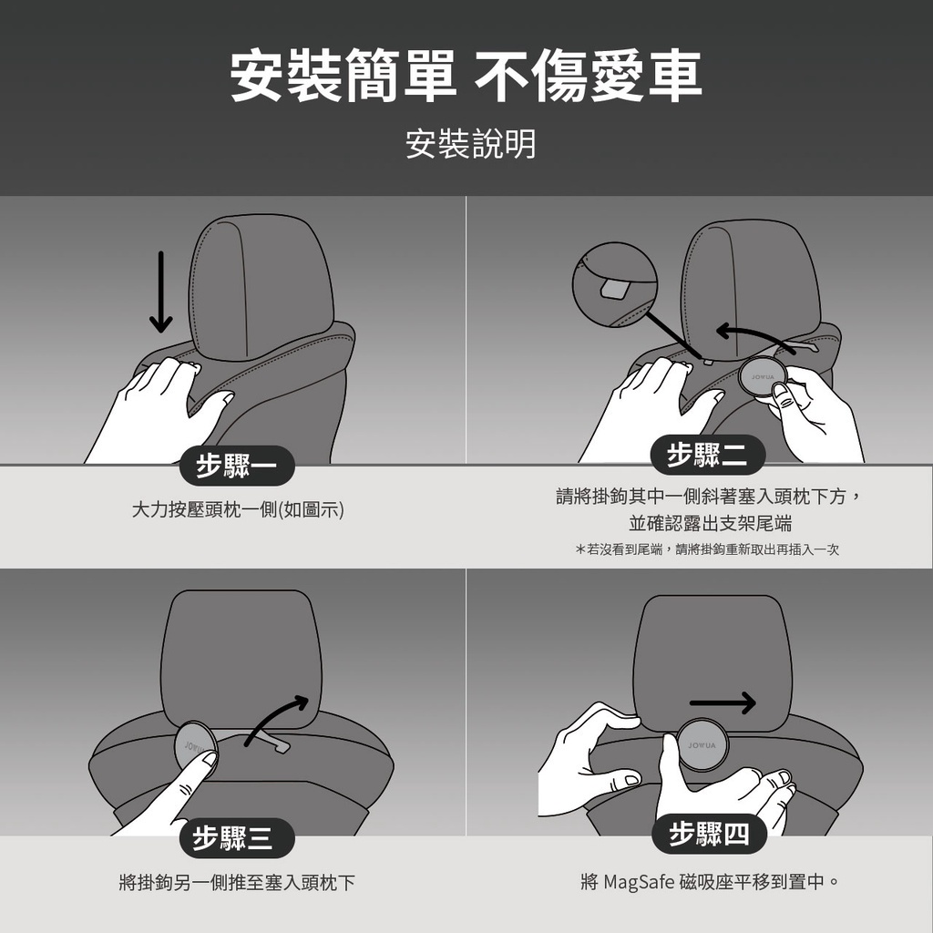 安裝簡單 不傷愛車安裝說明步驟步驟二大力按壓頭枕一側(如圖示)請掛鉤其中一側斜著塞入頭枕下方,並確認露出支架尾端*若沒看到尾端,請將掛鉤重新取出再插入一次JOWUA步驟三步驟四將掛鉤另一側推至塞入頭枕下將 MagSafe 磁吸座平移到置中。