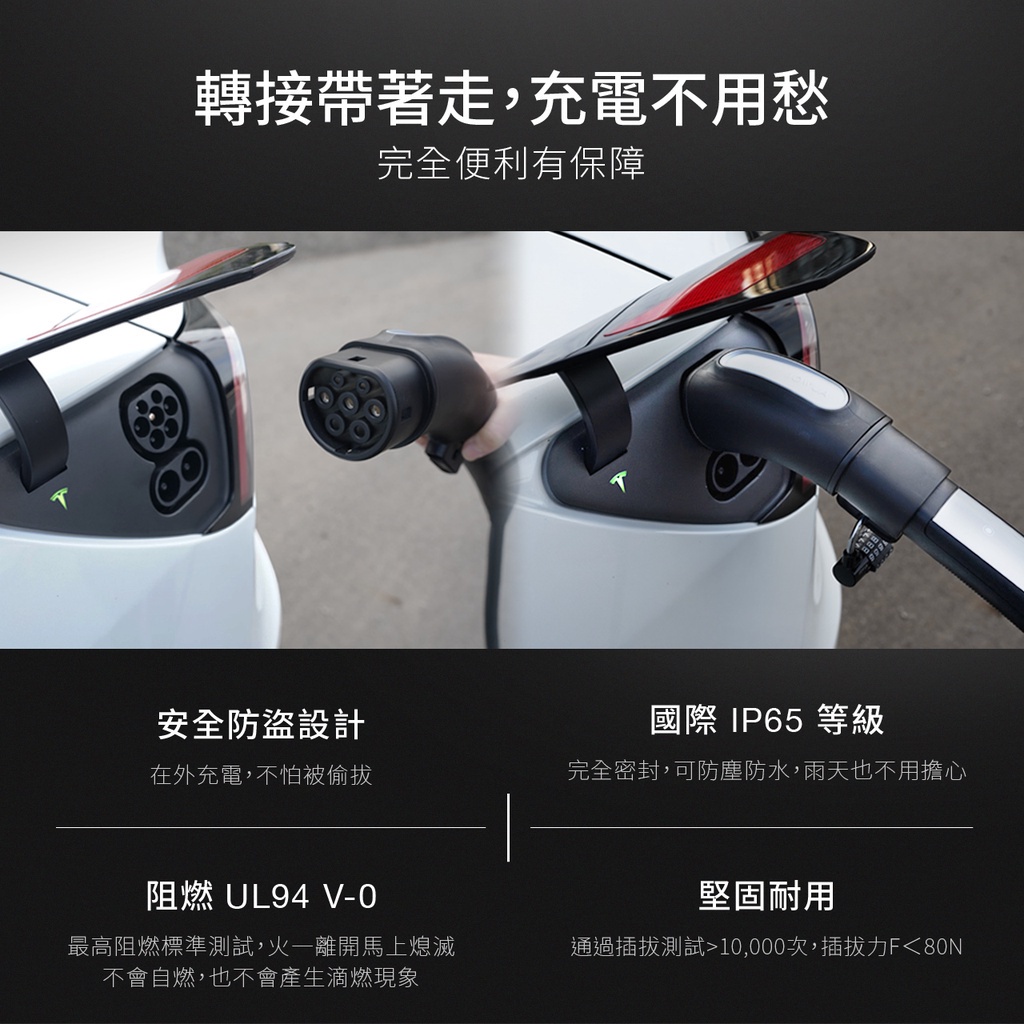 轉接帶著走,充電不用愁完全便利有保障安全防盜設計在外充電,不怕被偷拔國際 IP65等級完全密封,可防塵防水,雨天也不用擔心阻燃 UL94 V-最高阻燃標準測試,火一離開馬上熄滅不會自燃,也不會產生滴燃現象堅固耐用通過插拔測試10,000次,插拔力F80N