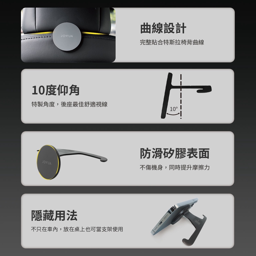 曲線設計JOWUA完整貼合特斯拉椅背曲線10度仰角特製角度,後座最佳舒適視線10防滑矽膠表面不傷機身,同時提升摩擦力JOWUA隱藏用法不只在車內,放在桌上也可當支架使用
