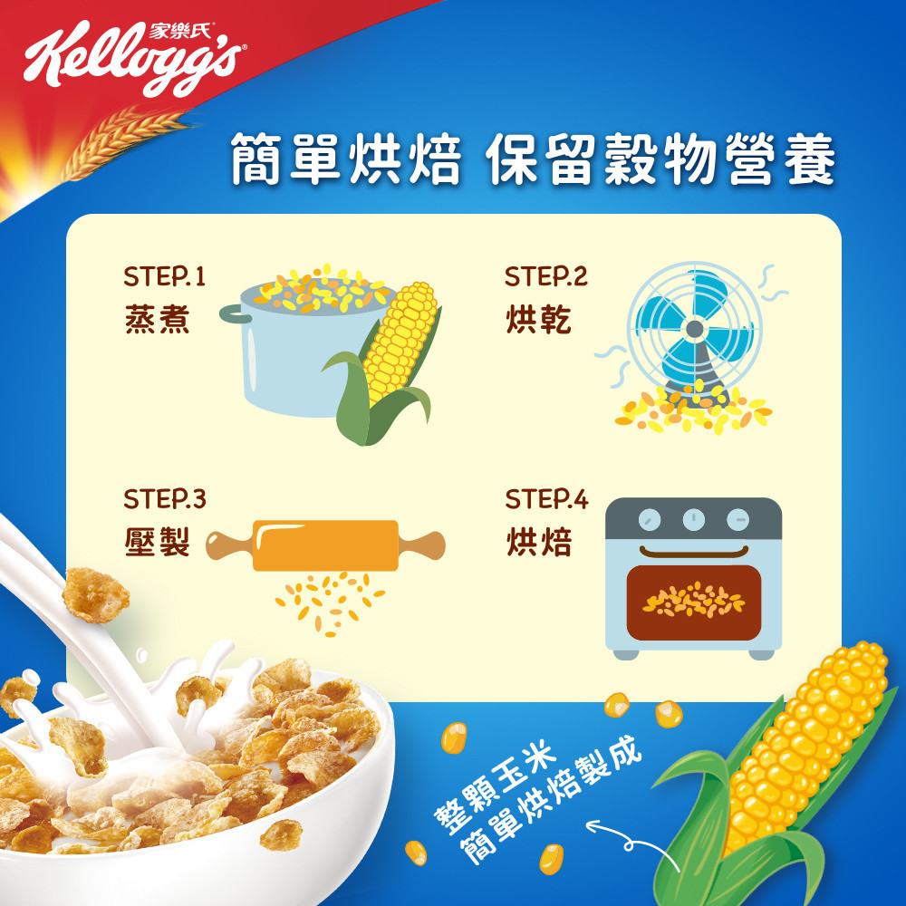 簡單烘焙 保留穀物營養STEP.1蒸煮STEP.2烘乾STEP.3壓製STEP.4烘焙 整玉米簡單烘焙製成