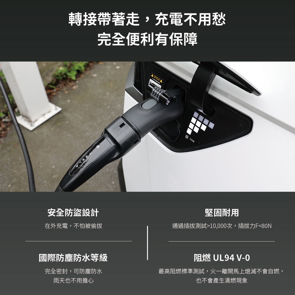 轉接帶著走,充電不用愁完全便利有保障安全防盜設計在外充電,不怕被偷堅固耐用通過插拔測試10,000次,插拔力F80N國際防塵防水等級完全密封,可防塵防水雨天也不用擔心阻燃 UL94 V-0最高阻燃標準測試,火一離開馬上熄滅不會自燃,也不會產生滴燃現象