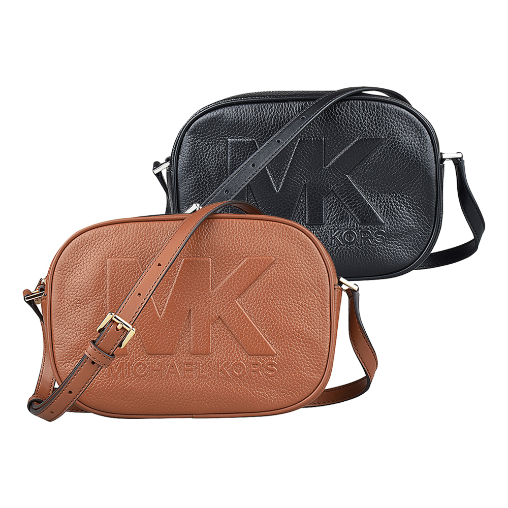 MK MICHAEL KORS 浮雕字母LOGO牛皮拉鍊斜背包(中/兩色)