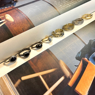 韓國精選系列 銀金色鎖鏈 設計款 單鑽 天然石 古銅黑石戒指 345