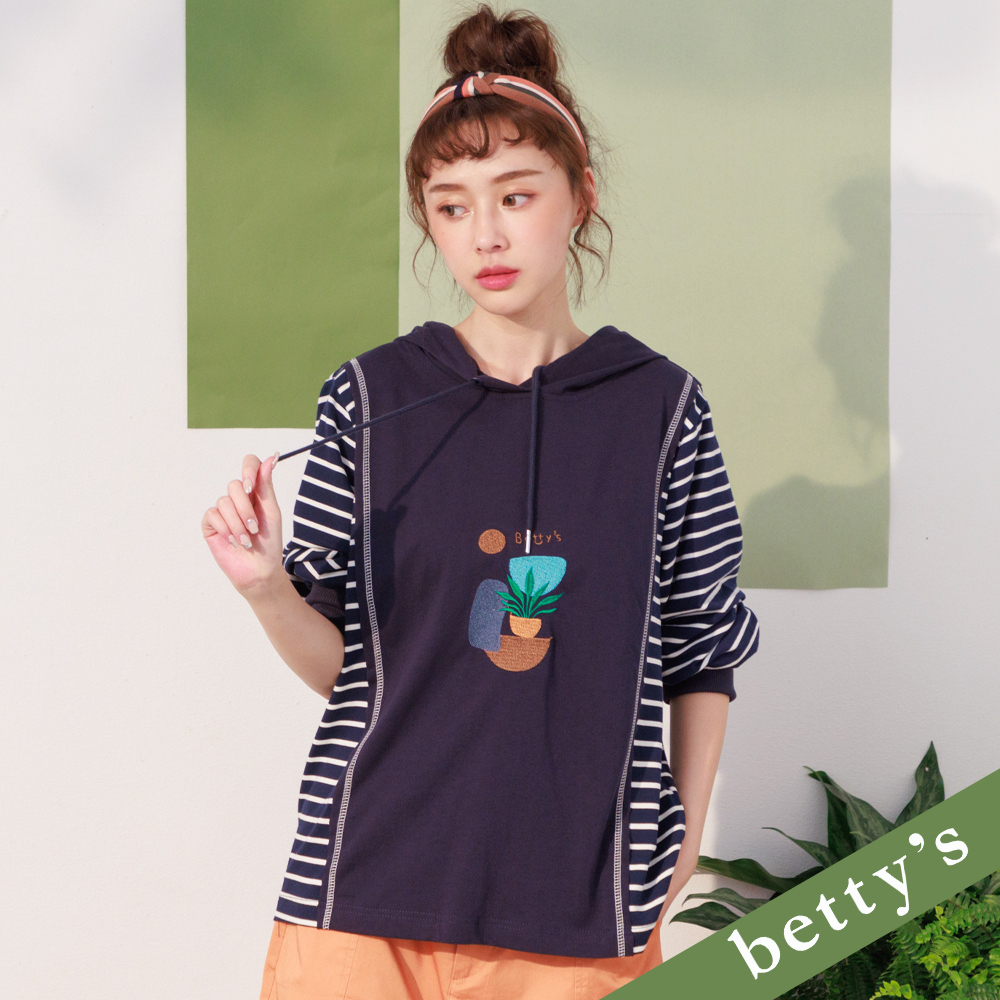 betty’s貝蒂思(21)連帽條紋拼接繡花T-shirt(深藍)